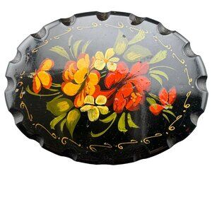 Handpainted Floral Lacquered Brooch Pin Oval Black With Red & Yellow Flowers Vin
